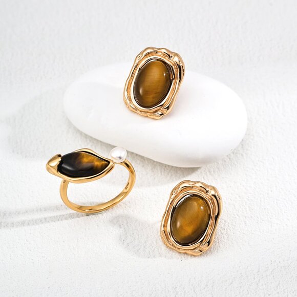 925 Gold Tiger's Eye & Pearl Open Cuff Ring - Picture 4 of 5